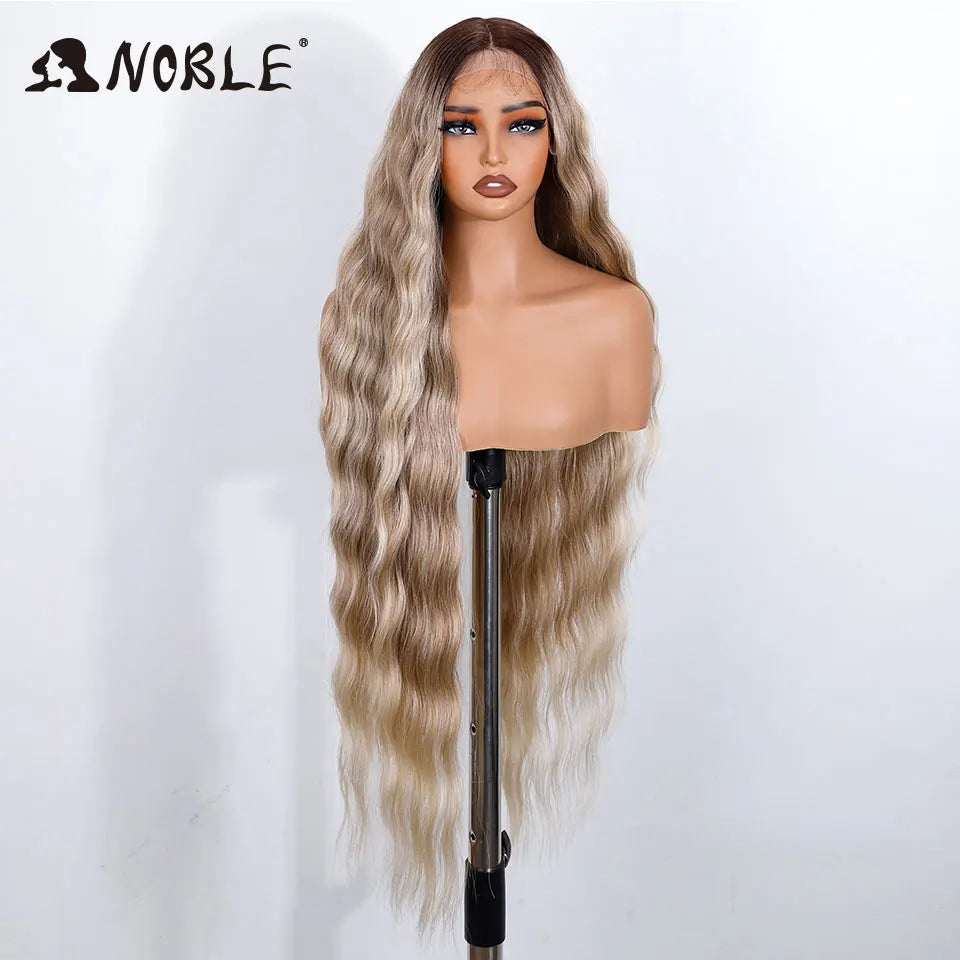 Noble Synthetic Lace Front Wig 36 " Long Wavy Lace Part Body Wavy Golden Wig For Women Lace Front Wig Ombre Blonde Cosplay Wig