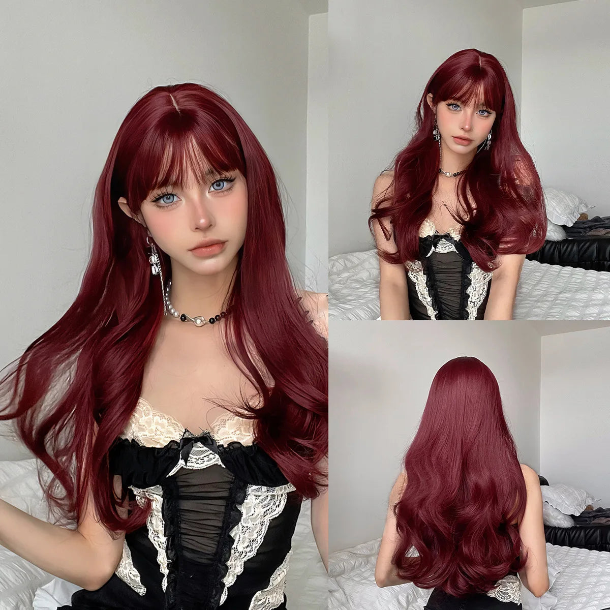Black synthetic wig with bangs long Wave wig Ladies Cosplay daily use of natural wave curly high temperature silk wig