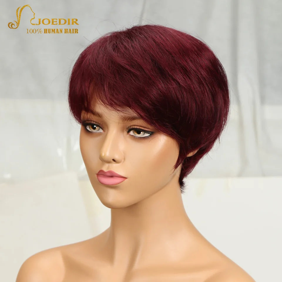 Joedir Wholesale Clearance Brown Color Short Wavy Bob Pixie Cut Full Machine Made Human Hair Wigs With Bangs For Black Women
