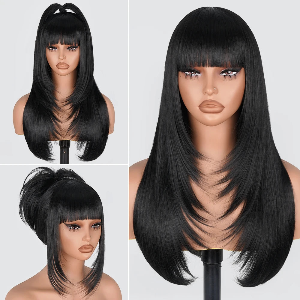 Layered Lace Wigs with Bangs Straight Lace Fake Scalp Synthetic Natural Layers Cut Wigs For Women Heat Resistant Glueless Wigs
