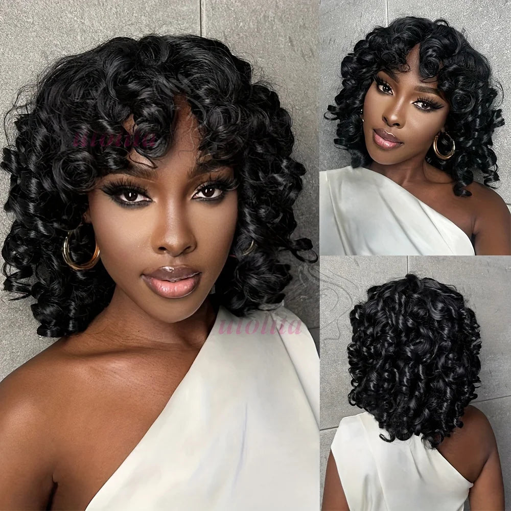 Rose Curly Wig With Bangs Fumi Human Hair Full Machine Made Loose Wave Short Bob Wigs For Women Brazilian Virgin Pixie Cut Wig