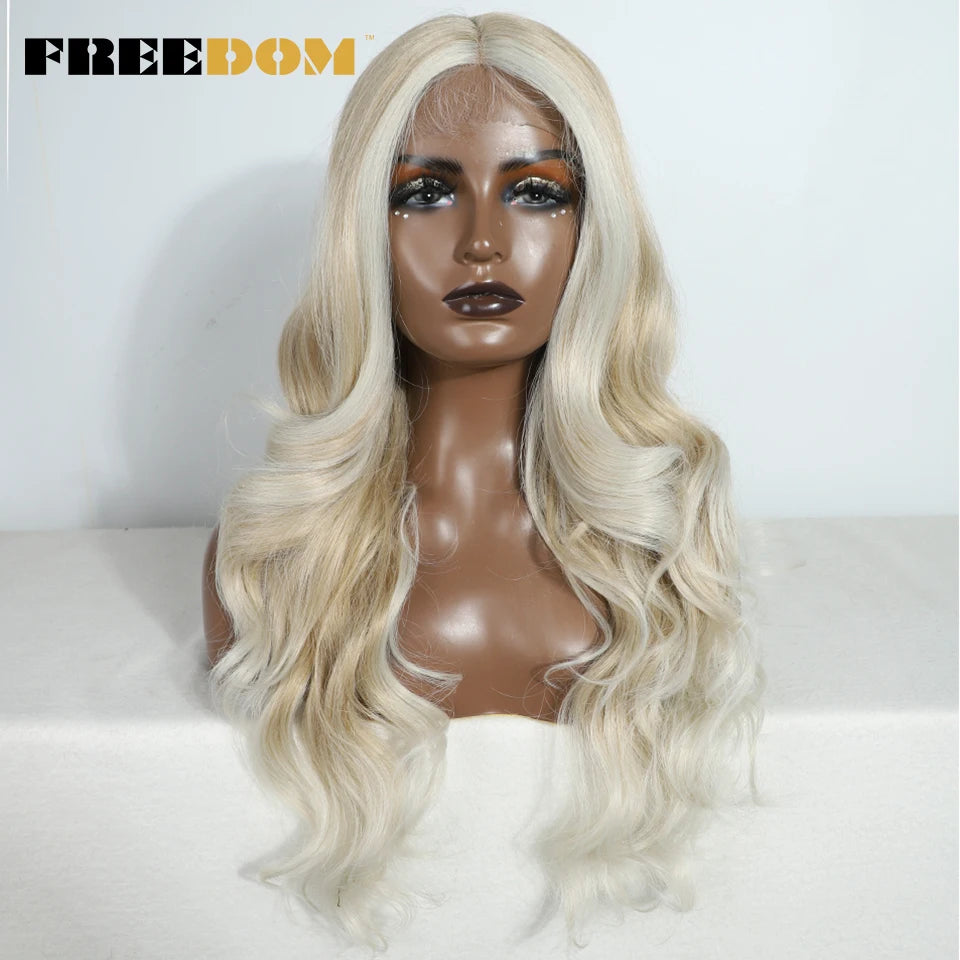 FREEDOM Synthetic Lace Front Wigs For Women 26“ Highlight Honey Brown Body Wave Wig Ombre Blonde Lace Wig Synthetic Cosplay Wig