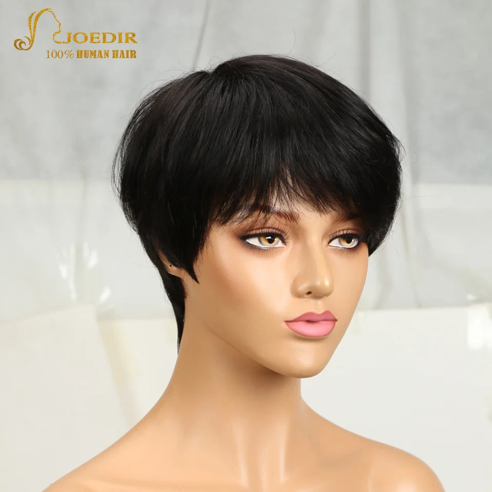 Joedir Wholesale Clearance Brown Color Short Wavy Bob Pixie Cut Full Machine Made Human Hair Wigs With Bangs For Black Women