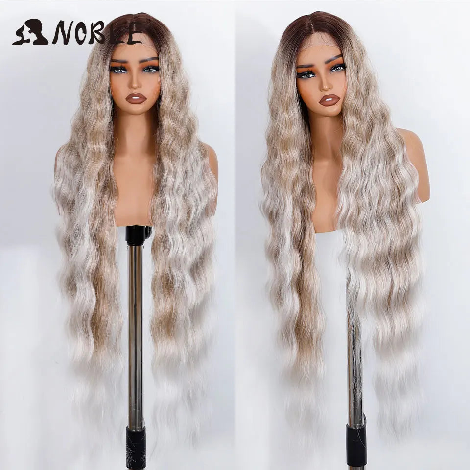 Noble Synthetic Lace Front Wig 36 " Long Wavy Lace Part Body Wavy Golden Wig For Women Lace Front Wig Ombre Blonde Cosplay Wig