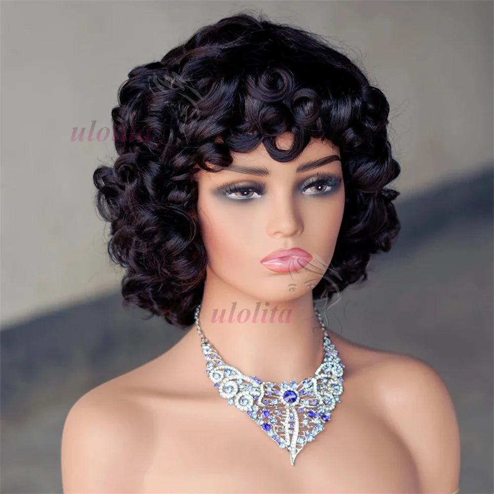 Rose Curly Wig With Bangs Fumi Human Hair Full Machine Made Loose Wave Short Bob Wigs For Women Brazilian Virgin Pixie Cut Wig