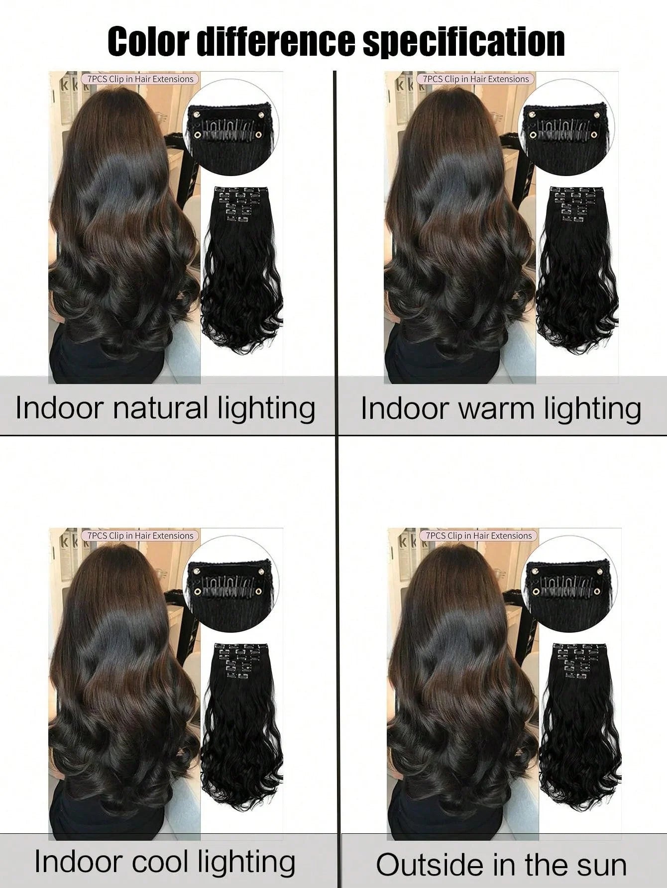7pcs large wave black 22-inch medium synthetic clip-on hair extension