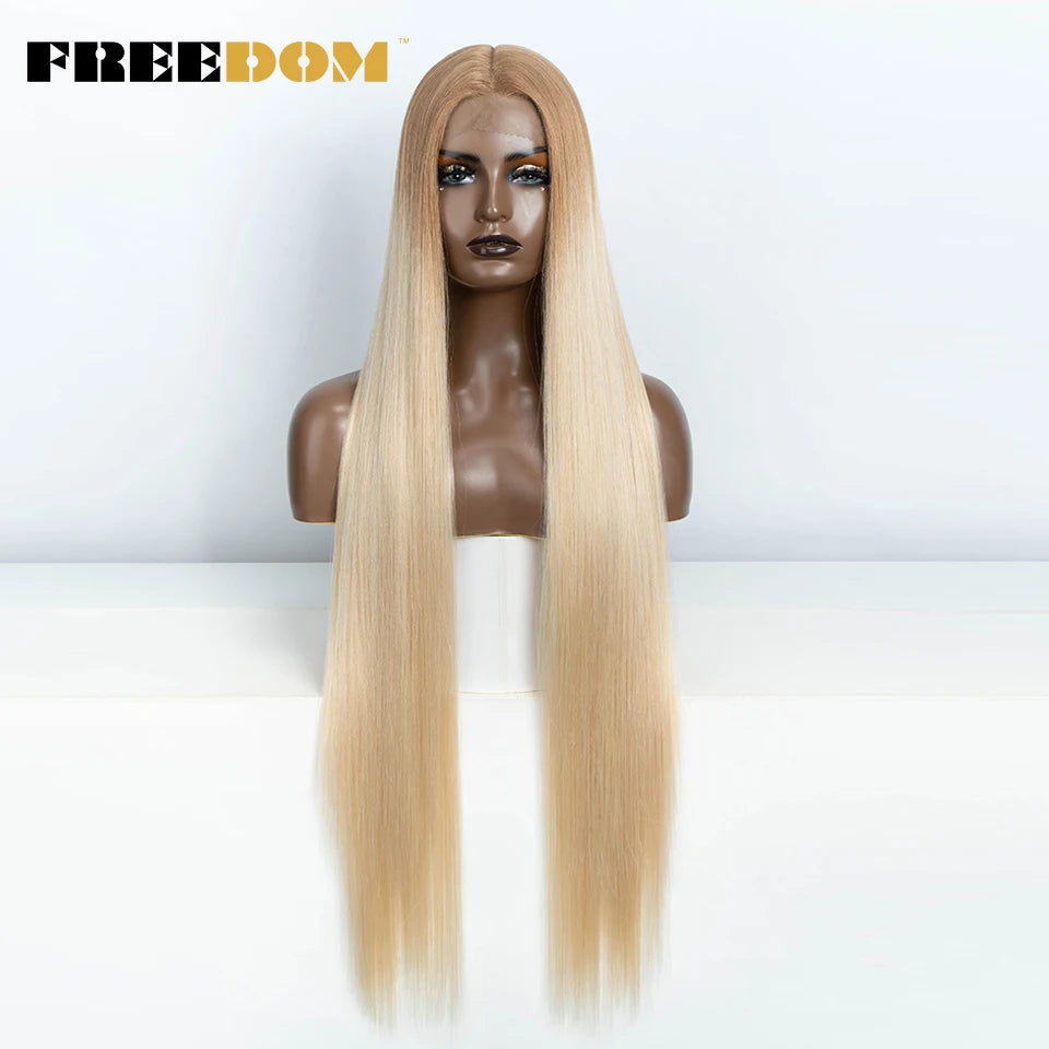 FREEDOM Straight Synthetic Lace Front Wig For Women 38 Inch Long Ombre Brown Red Blonde Hightlight Lace Frontal Wigs Cosplay Wig