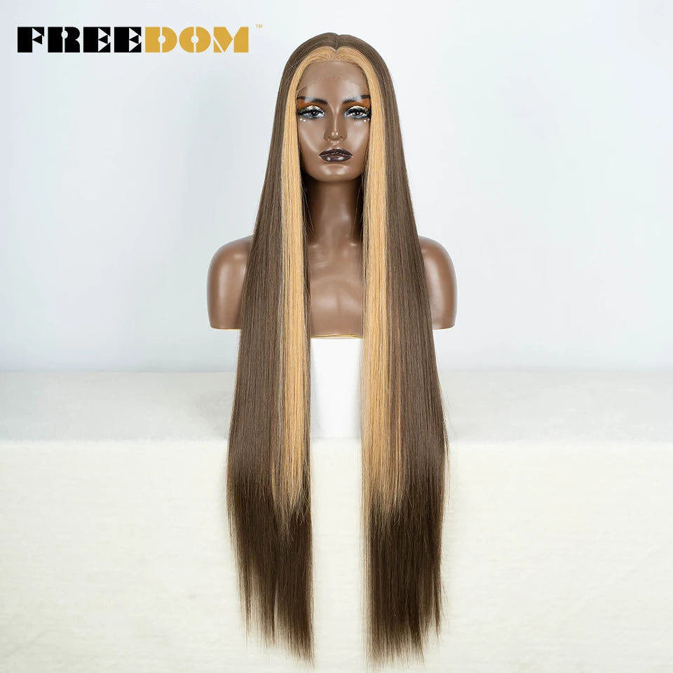 FREEDOM Straight Synthetic Lace Front Wig For Women 38 Inch Long Ombre Brown Red Blonde Hightlight Lace Frontal Wigs Cosplay Wig