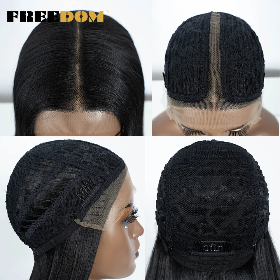 FREEDOM Straight Synthetic Lace Front Wig For Women 38 Inch Long Ombre Brown Red Blonde Hightlight Lace Frontal Wigs Cosplay Wig