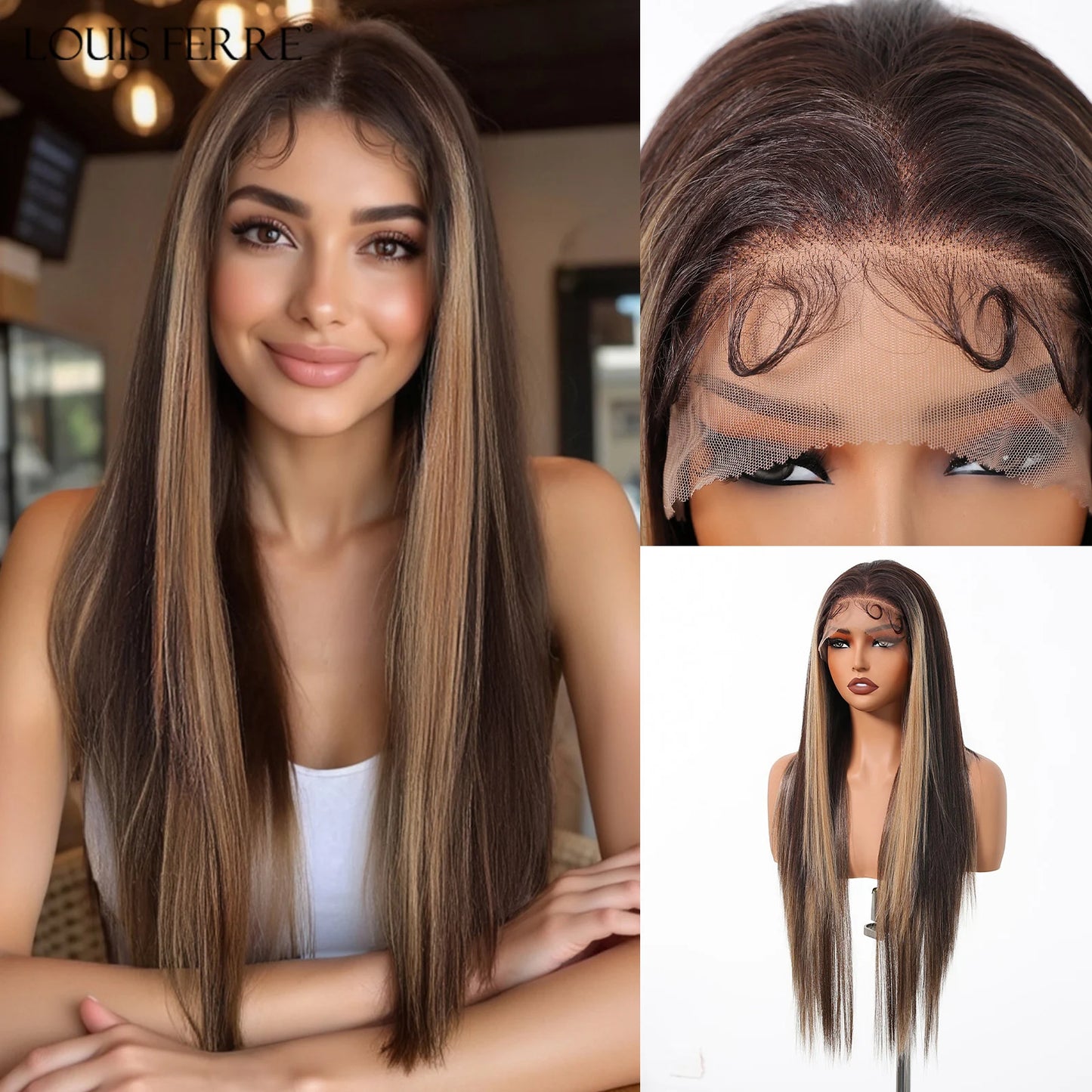 Natural Black With Blonde Highlights Wigs For Women Daily Straight Layered 13*6 Lace Front Synthetic Wig Free Part High Density