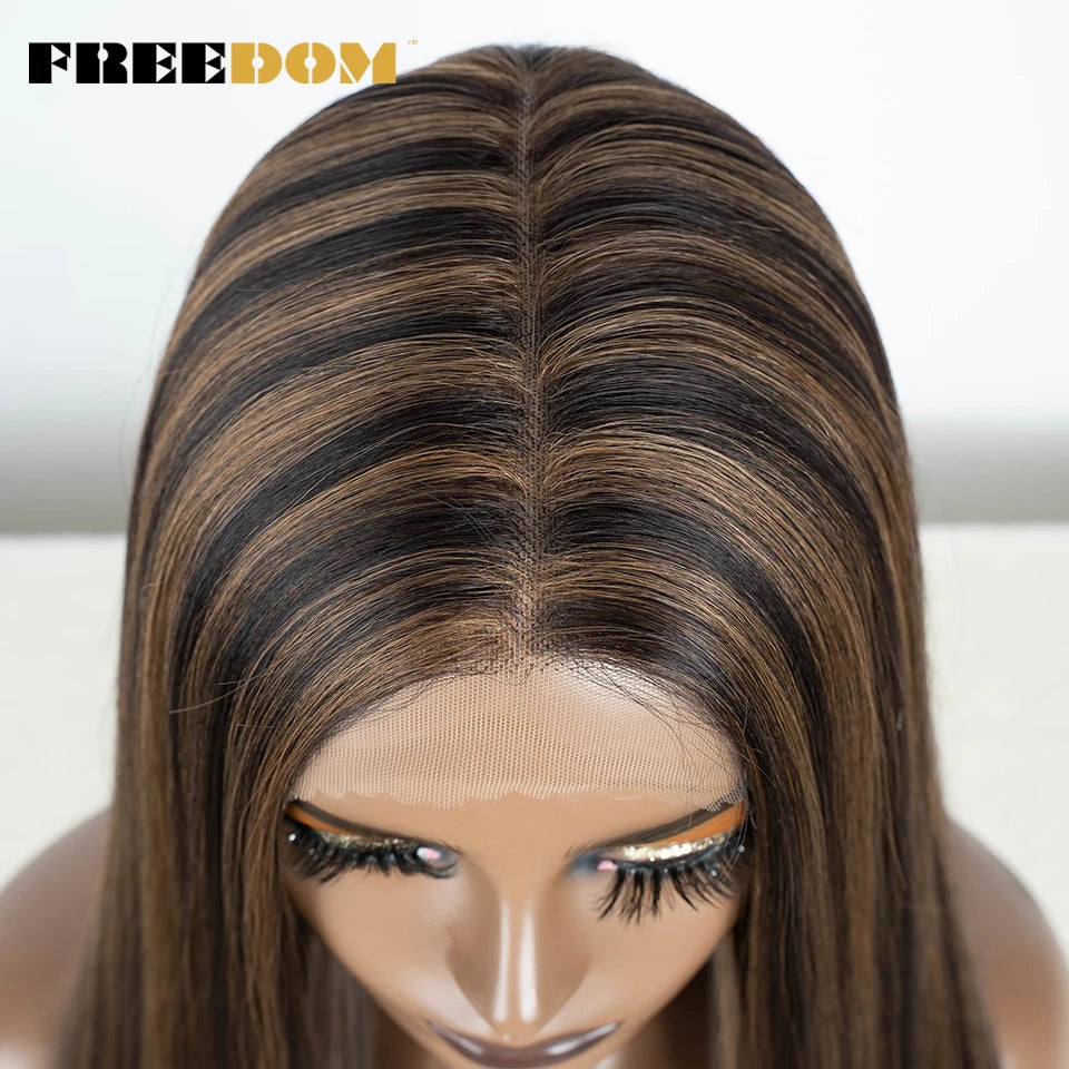 FREEDOM Straight Synthetic Lace Front Wig For Women 38 Inch Long Ombre Brown Red Blonde Hightlight Lace Frontal Wigs Cosplay Wig