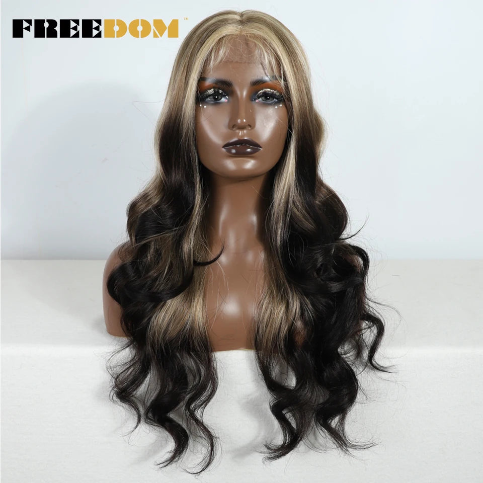 FREEDOM Synthetic Lace Front Wigs For Women 26“ Highlight Honey Brown Body Wave Wig Ombre Blonde Lace Wig Synthetic Cosplay Wig