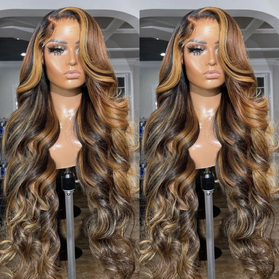 180% Colored Highlight Body Wave 13x6 Lace Front Human Hair Wigs 32 34 Inch Honey Blonde Water Wave Frontal Wig Extensions