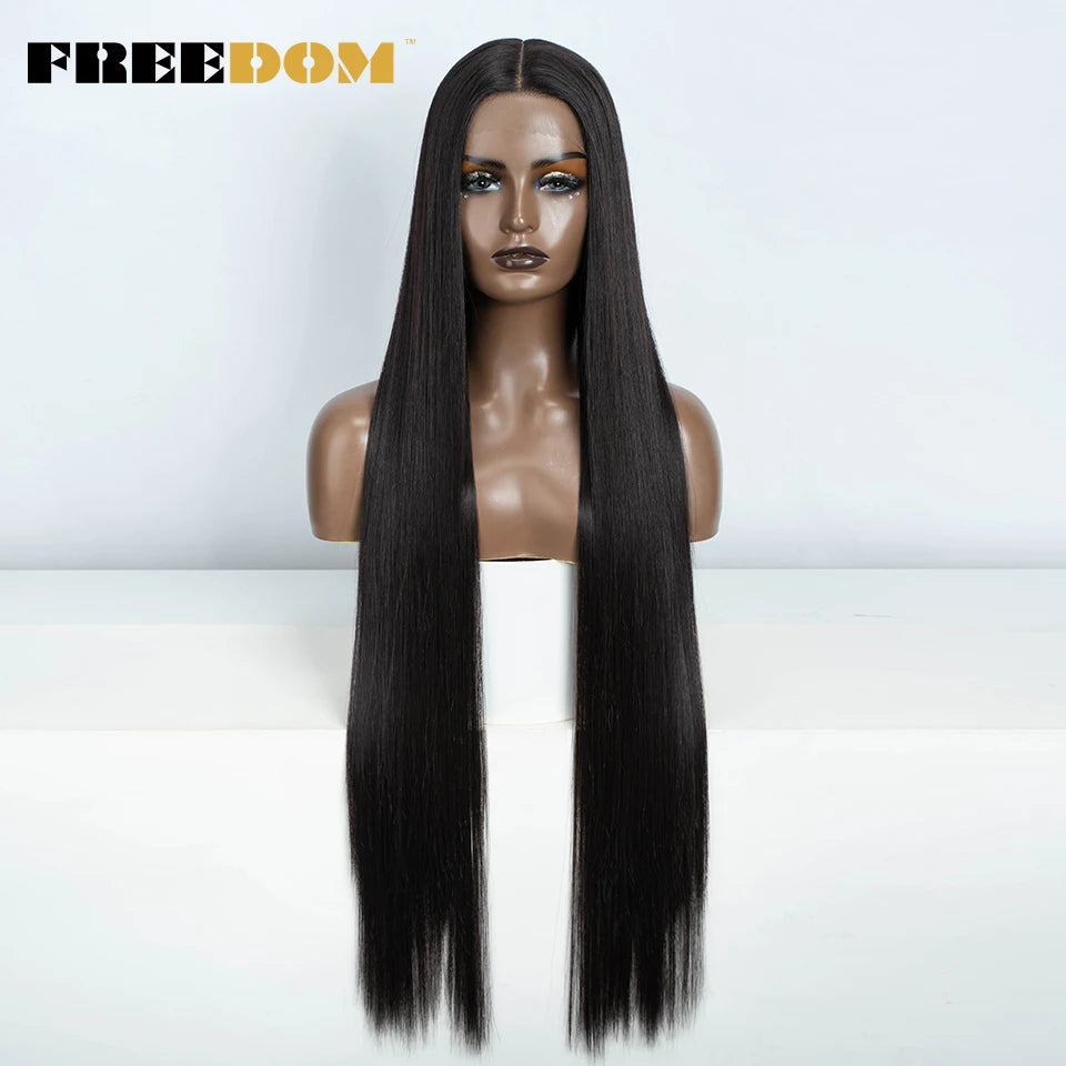 FREEDOM Straight Synthetic Lace Front Wig For Women 38 Inch Long Ombre Brown Red Blonde Hightlight Lace Frontal Wigs Cosplay Wig