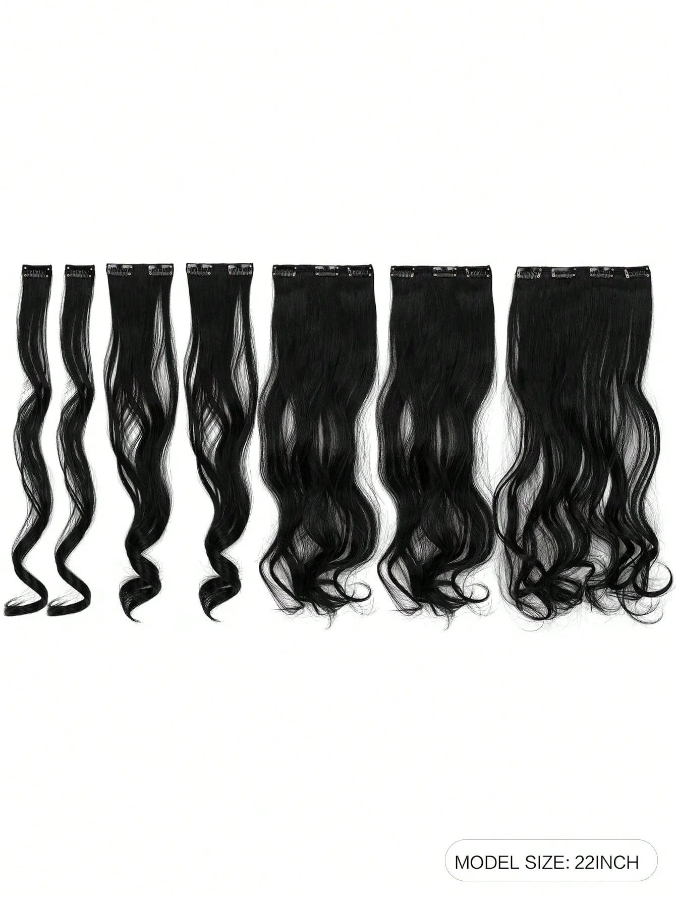 7pcs large wave black 22-inch medium synthetic clip-on hair extension