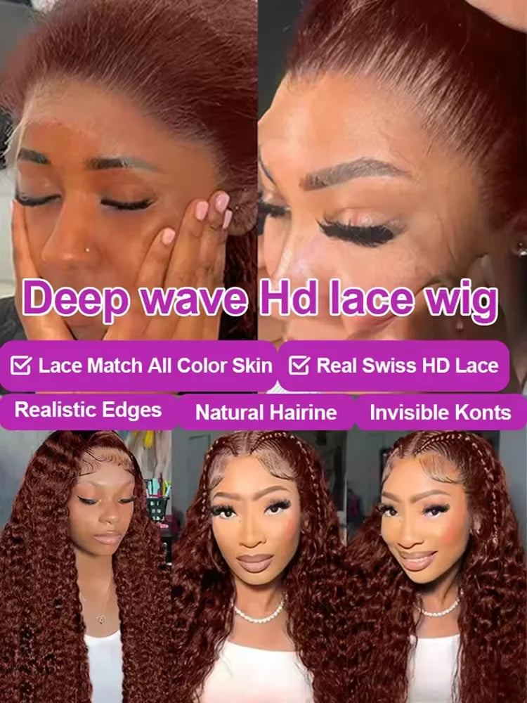30 Inch Reddish Brown Loose Deep Wave 13x4 HD Lace Frontal Human Hair Curly Wigs High Density Brazilian Water Wave Wig For Women