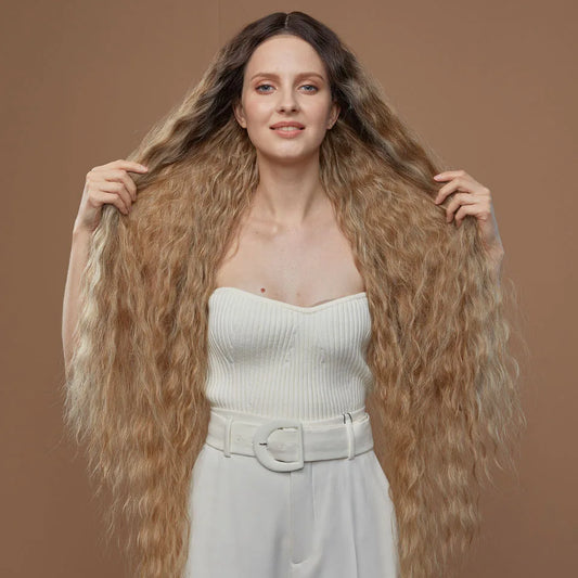 FASHION IDOL 42" Loose Wave Lace Front Wig Hair Synthetic Wigs For Women Ombre Blonde Water Wavy Long Curly Hair Wig Cosplay
