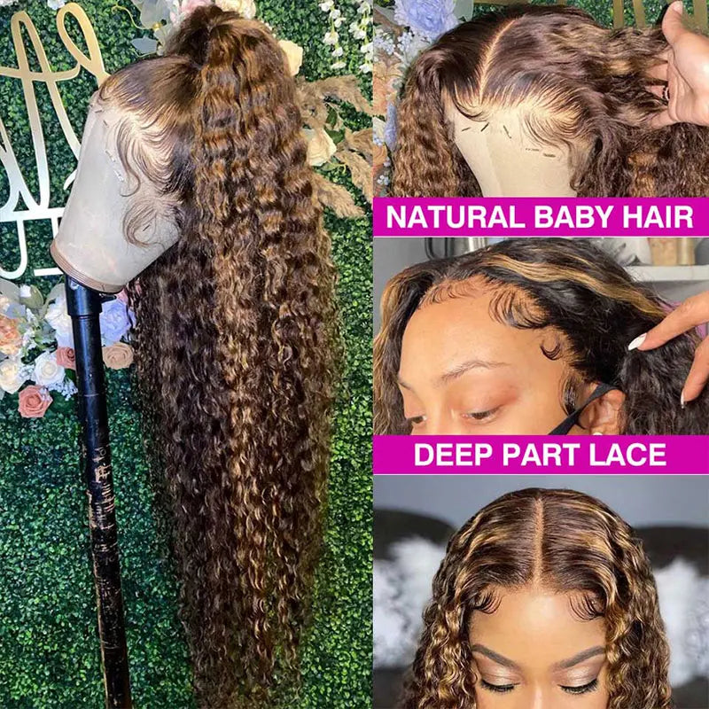 Highlight Honey Blonde Water Wave Lace Front Human Hair Wigs 13x4 Transparent Lace Frontal Wig Deep Curly Ombre 4/27 Lace Wigs