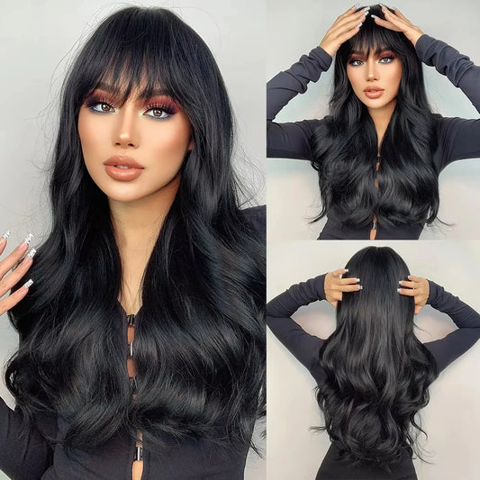 Black synthetic wig with bangs long Wave wig Ladies Cosplay daily use of natural wave curly high temperature silk wig