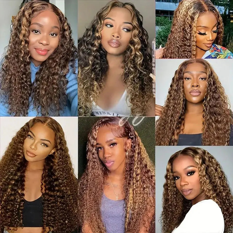 Highlight Honey Blonde Water Wave Lace Front Human Hair Wigs 13x4 Transparent Lace Frontal Wig Deep Curly Ombre 4/27 Lace Wigs