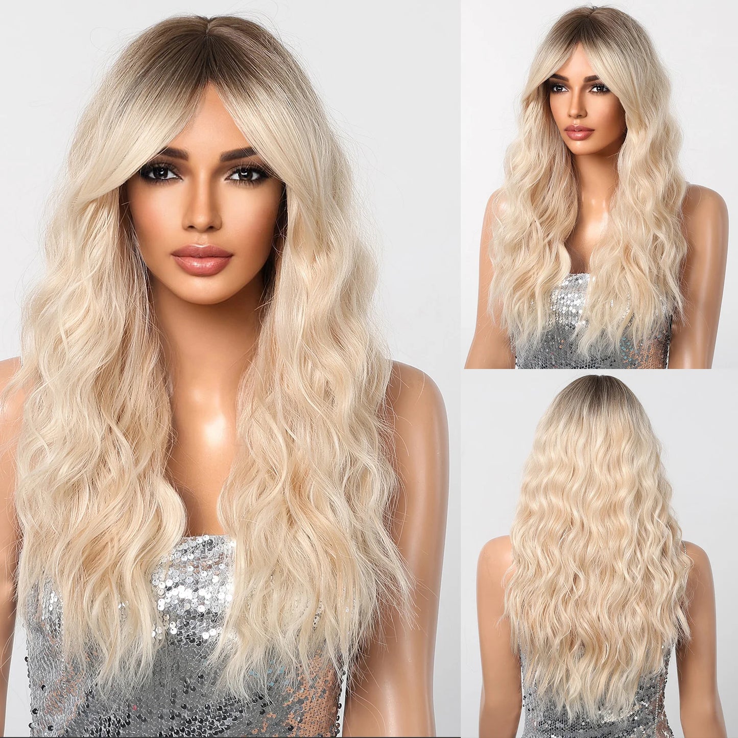 Long Wavy Synthetic Blonde Beige Wigs with Bangs for Women Deep Wave Blonde Hairs Cosplay Party Daily Use Heat Resistant Wig