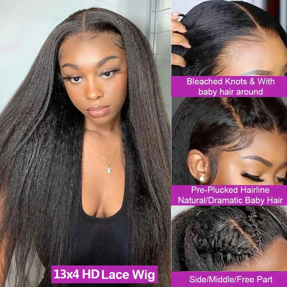 Kinky Straight 13x4 HD  Lace Front Wig Human Hair PrePlucked Yaki Transparent HD Lace Frontal Wigs Human Hair Wigs For Women
