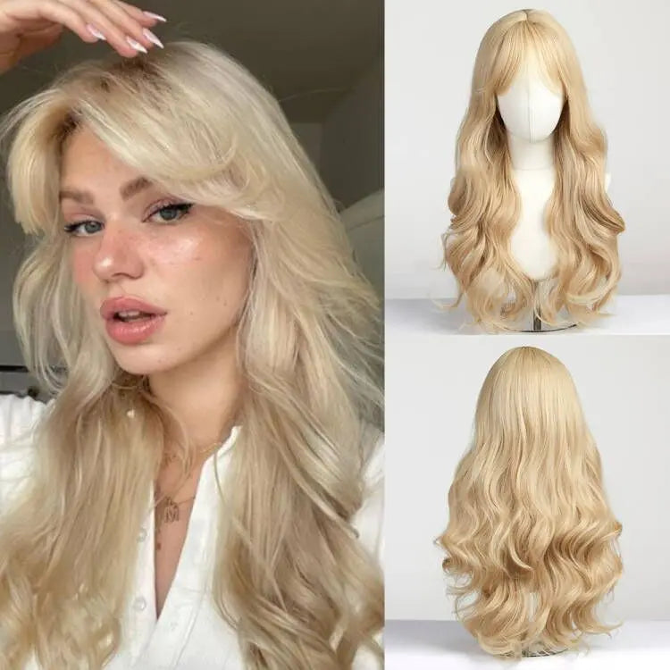 Long Wavy Synthetic Blonde Beige Wigs with Bangs for Women Deep Wave Blonde Hairs Cosplay Party Daily Use Heat Resistant Wig