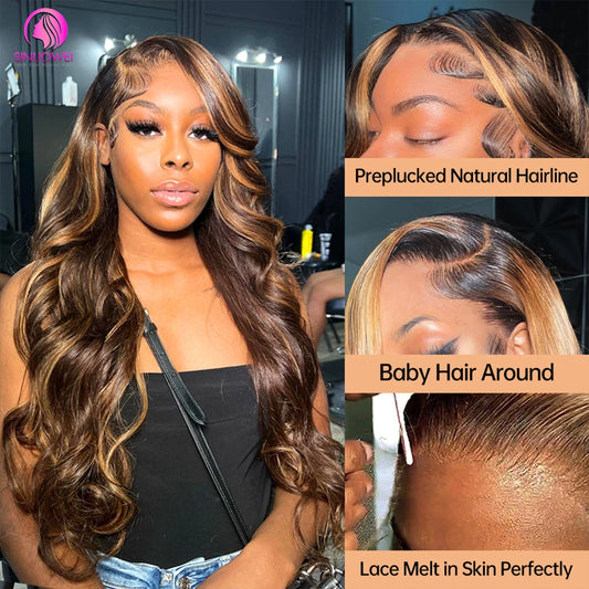 180% Colored Highlight Body Wave 13x6 Lace Front Human Hair Wigs 32 34 Inch Honey Blonde Water Wave Frontal Wig Extensions