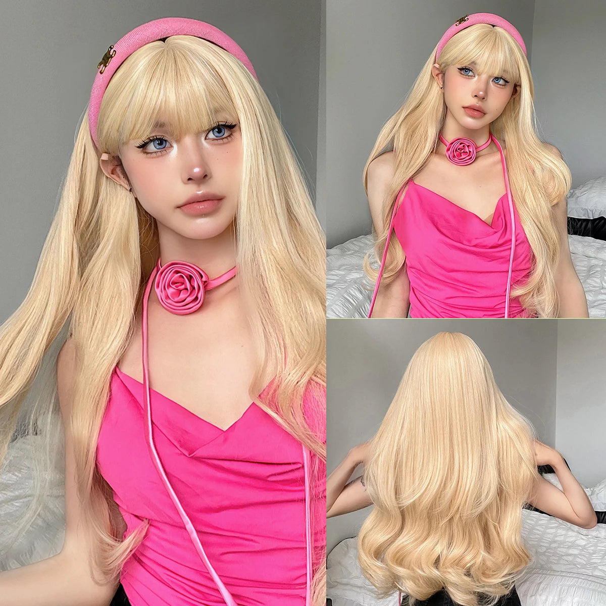Long Wavy Synthetic Blonde Beige Wigs with Bangs for Women Deep Wave Blonde Hairs Cosplay Party Daily Use Heat Resistant Wig