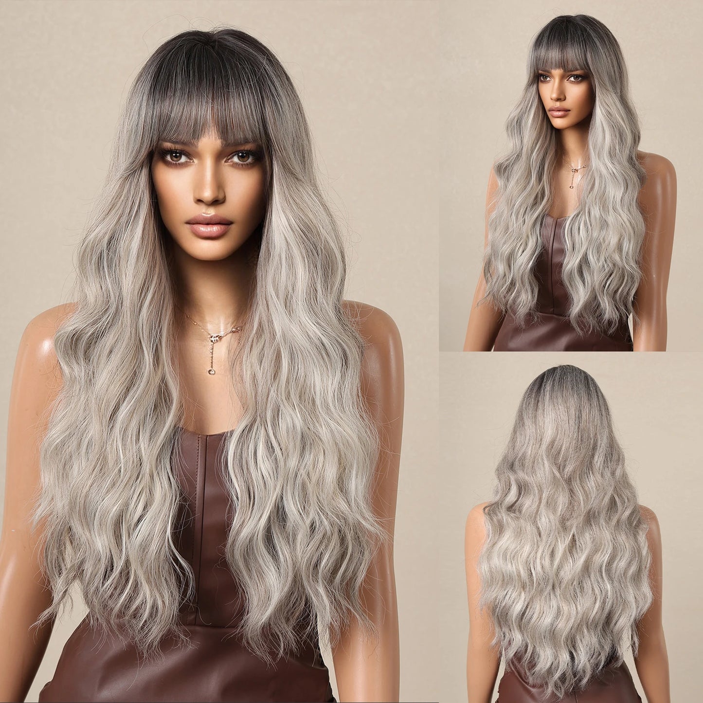 Long Wavy Synthetic Blonde Beige Wigs with Bangs for Women Deep Wave Blonde Hairs Cosplay Party Daily Use Heat Resistant Wig