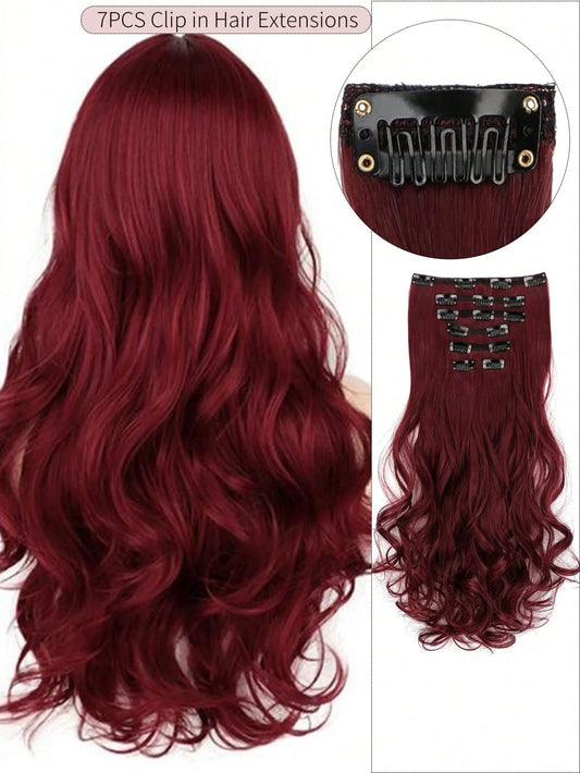 7pcs large wave black 22-inch medium synthetic clip-on hair extension