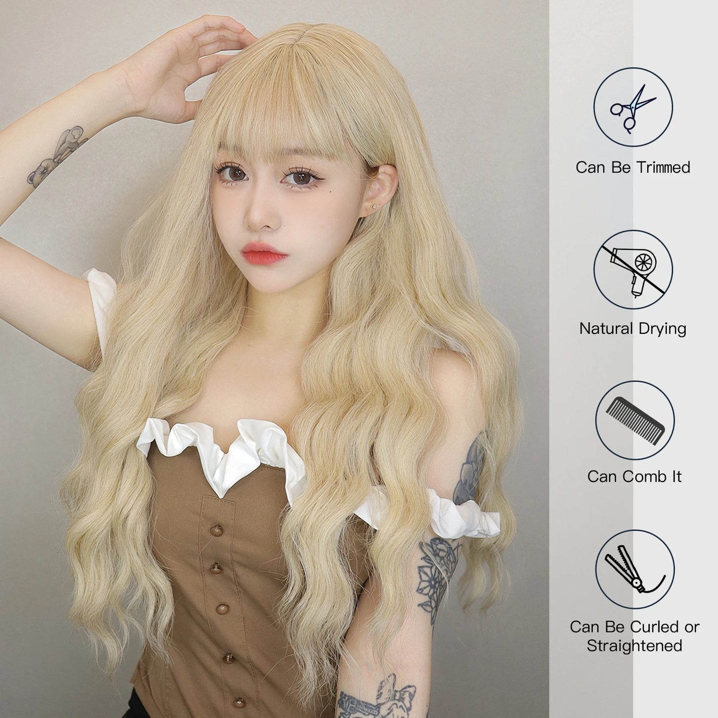 Long Wavy Synthetic Blonde Beige Wigs with Bangs for Women Deep Wave Blonde Hairs Cosplay Party Daily Use Heat Resistant Wig