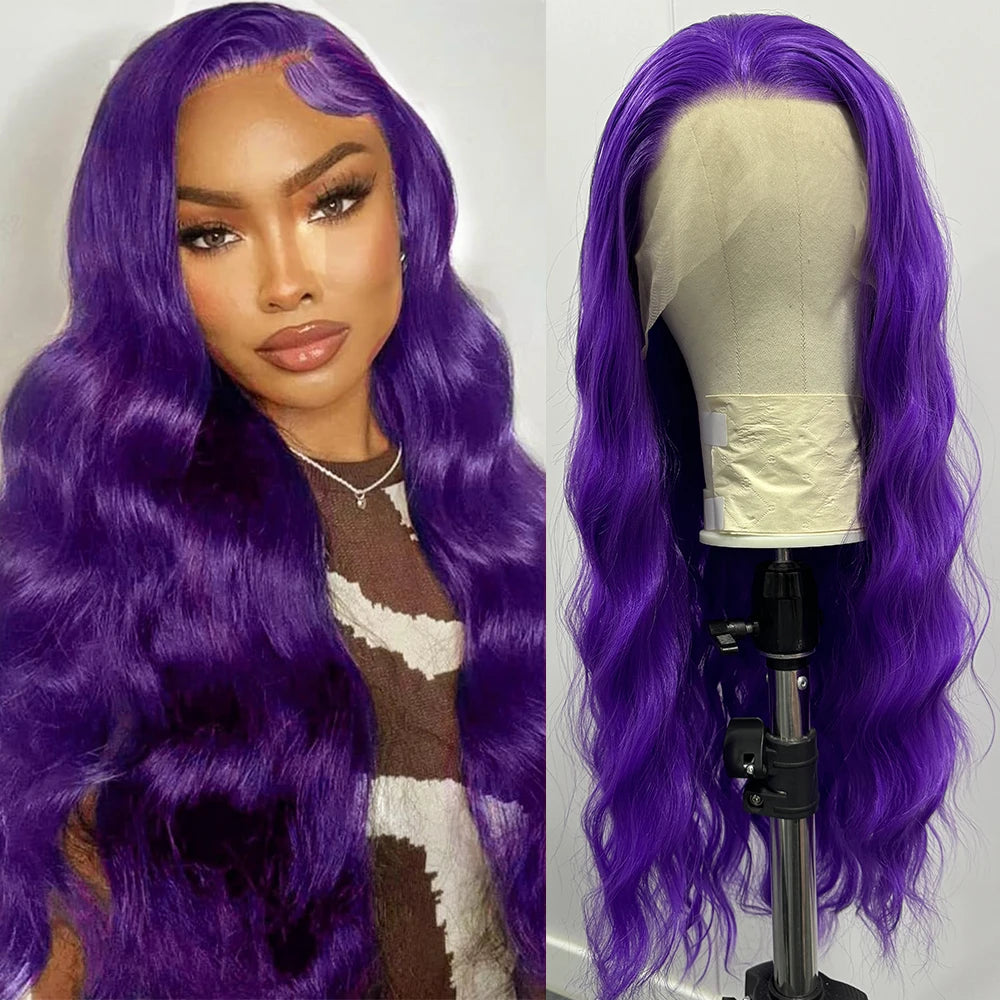 Bright Purple Natural Wave Wig Synthetic Lace Front Wigs for Women Long Loose Deep Curl Lace Wig Purple Wig Daily Use Cosplay