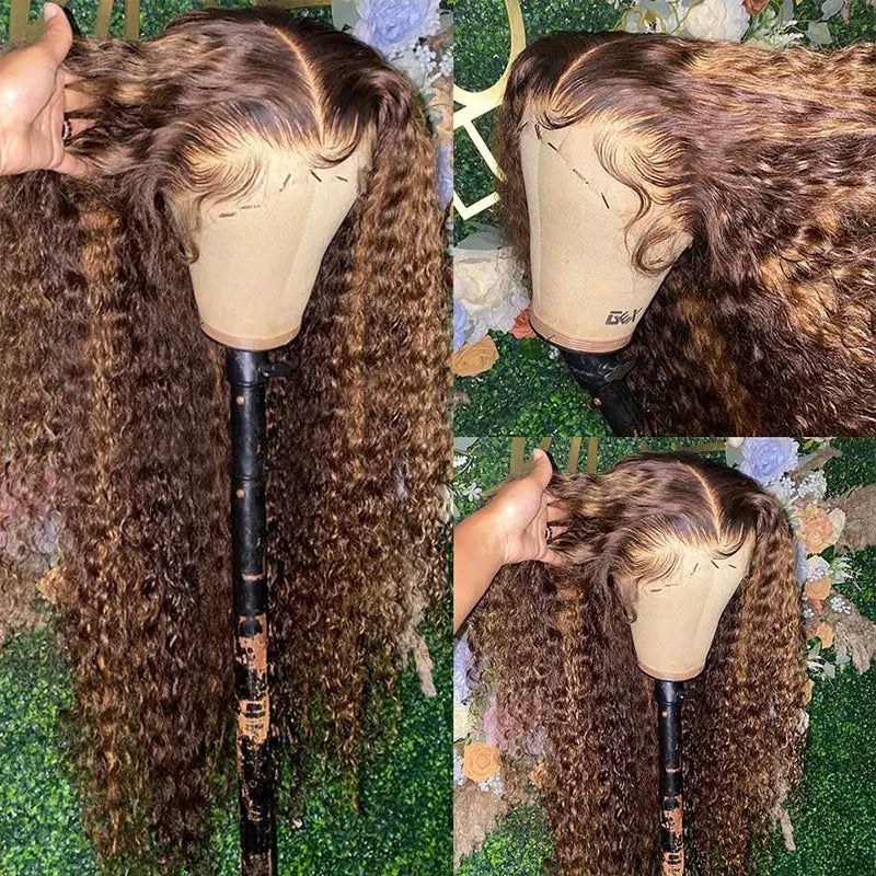 Highlight Honey Blonde Water Wave Lace Front Human Hair Wigs 13x4 Transparent Lace Frontal Wig Deep Curly Ombre 4/27 Lace Wigs