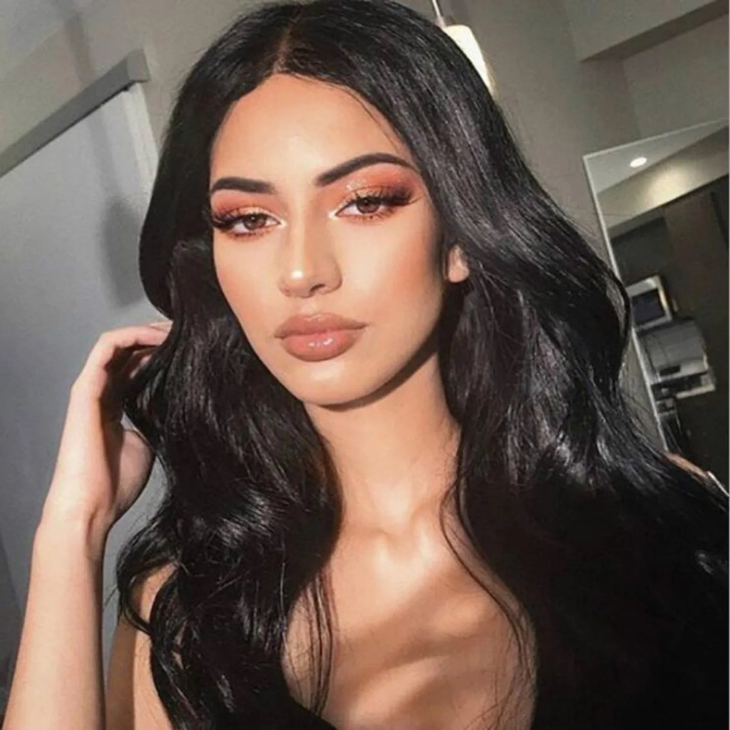 Black Synthetic Wig Premium Natural Black Wavy Synthetic Wig For Women Middle Part Curly Natural Looking Long Full Volume