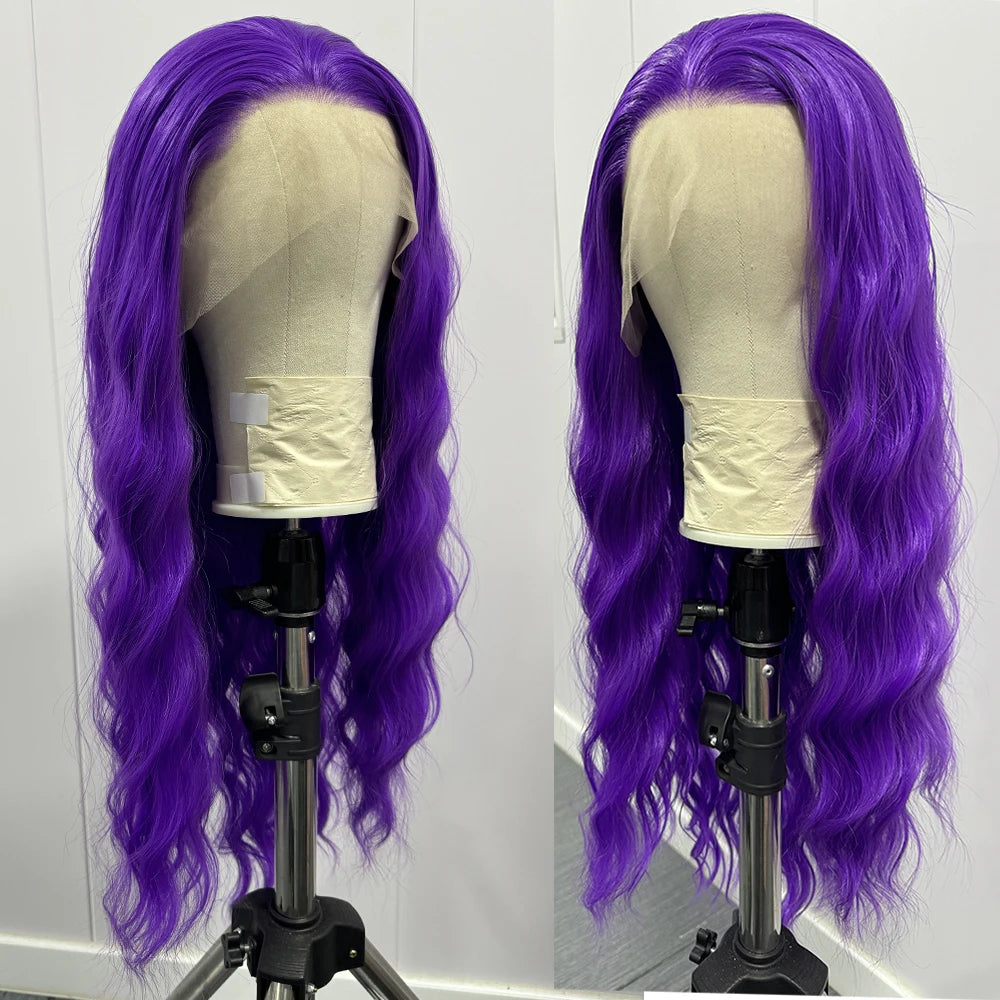 Bright Purple Natural Wave Wig Synthetic Lace Front Wigs for Women Long Loose Deep Curl Lace Wig Purple Wig Daily Use Cosplay