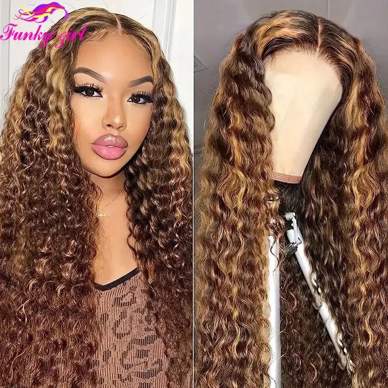 Highlight Honey Blonde Water Wave Lace Front Human Hair Wigs 13x4 Transparent Lace Frontal Wig Deep Curly Ombre 4/27 Lace Wigs