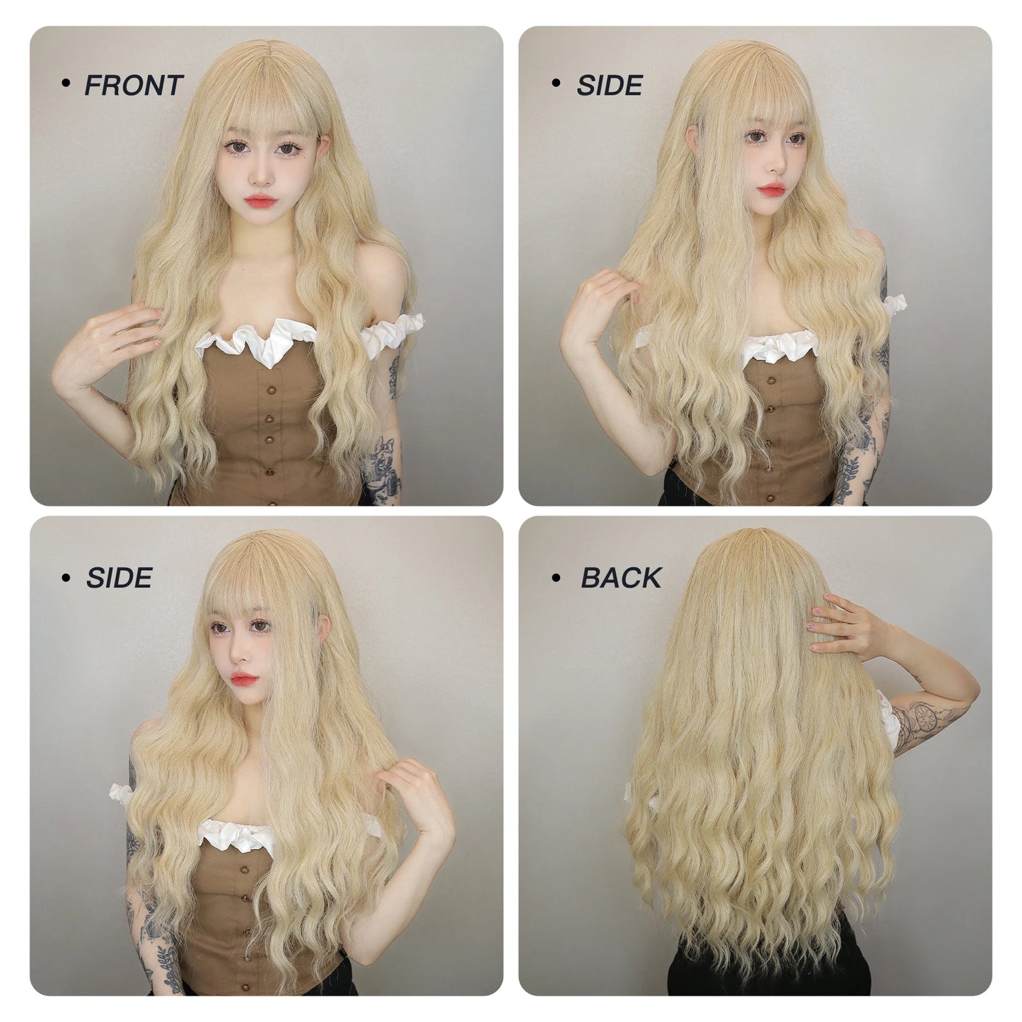 Long Wavy Synthetic Blonde Beige Wigs with Bangs for Women Deep Wave Blonde Hairs Cosplay Party Daily Use Heat Resistant Wig