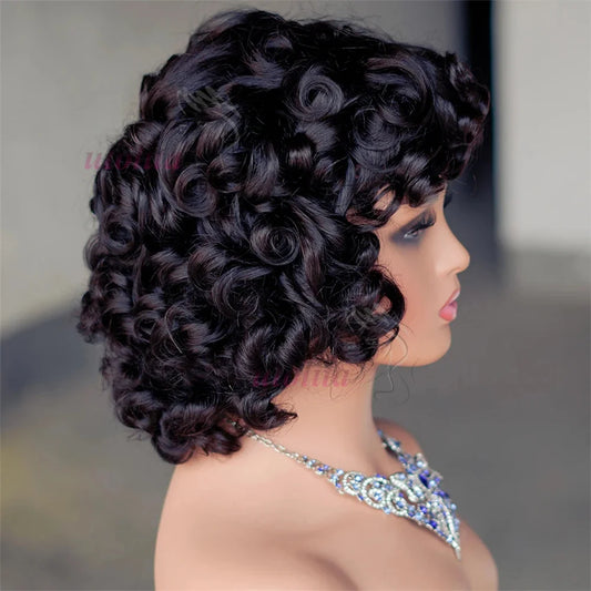 Rose Curly Wig With Bangs Fumi Human Hair Full Machine Made Loose Wave Short Bob Wigs For Women Brazilian Virgin Pixie Cut Wig