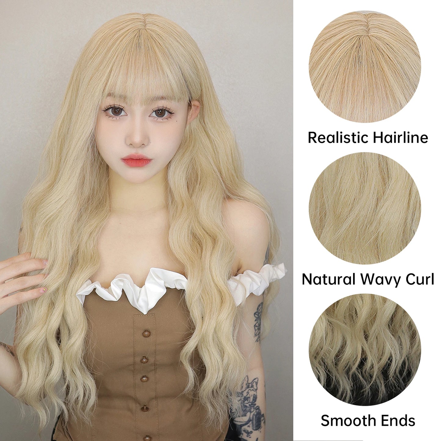 Long Wavy Synthetic Blonde Beige Wigs with Bangs for Women Deep Wave Blonde Hairs Cosplay Party Daily Use Heat Resistant Wig