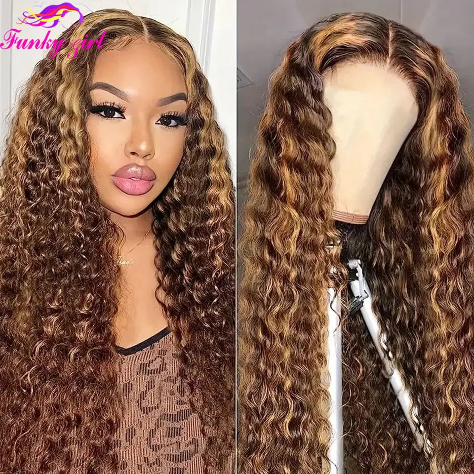 Highlight Honey Blonde Water Wave Lace Front Human Hair Wigs 13x4 Transparent Lace Frontal Wig Deep Curly Ombre 4/27 Lace Wigs