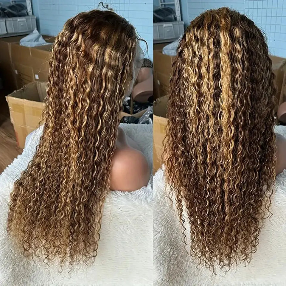 Highlight Honey Blonde Water Wave Lace Front Human Hair Wigs 13x4 Transparent Lace Frontal Wig Deep Curly Ombre 4/27 Lace Wigs