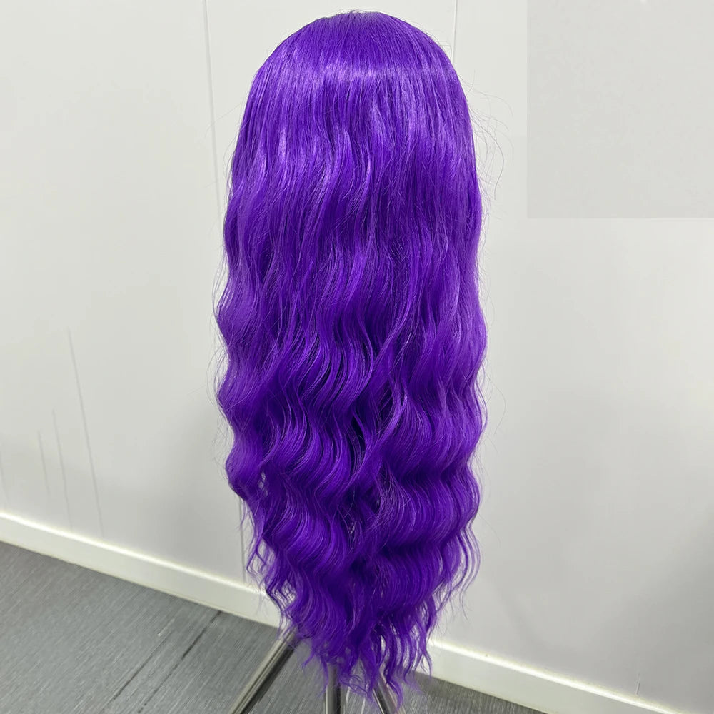 Bright Purple Natural Wave Wig Synthetic Lace Front Wigs for Women Long Loose Deep Curl Lace Wig Purple Wig Daily Use Cosplay