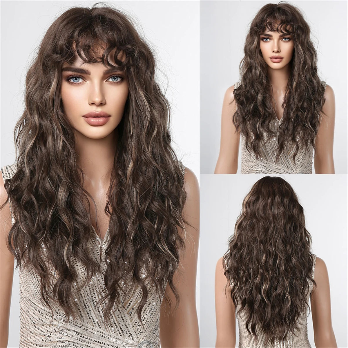 Long Wavy Synthetic Blonde Beige Wigs with Bangs for Women Deep Wave Blonde Hairs Cosplay Party Daily Use Heat Resistant Wig