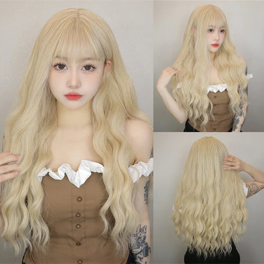 Long Wavy Synthetic Blonde Beige Wigs with Bangs for Women Deep Wave Blonde Hairs Cosplay Party Daily Use Heat Resistant Wig