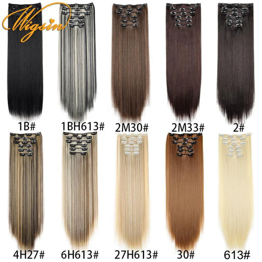 WIGSIN Synthetic 6pcs/set 24Inch Long Straight Hair Extensions Clip-in Heat Resistant Black Blonde Hairpiece for Women