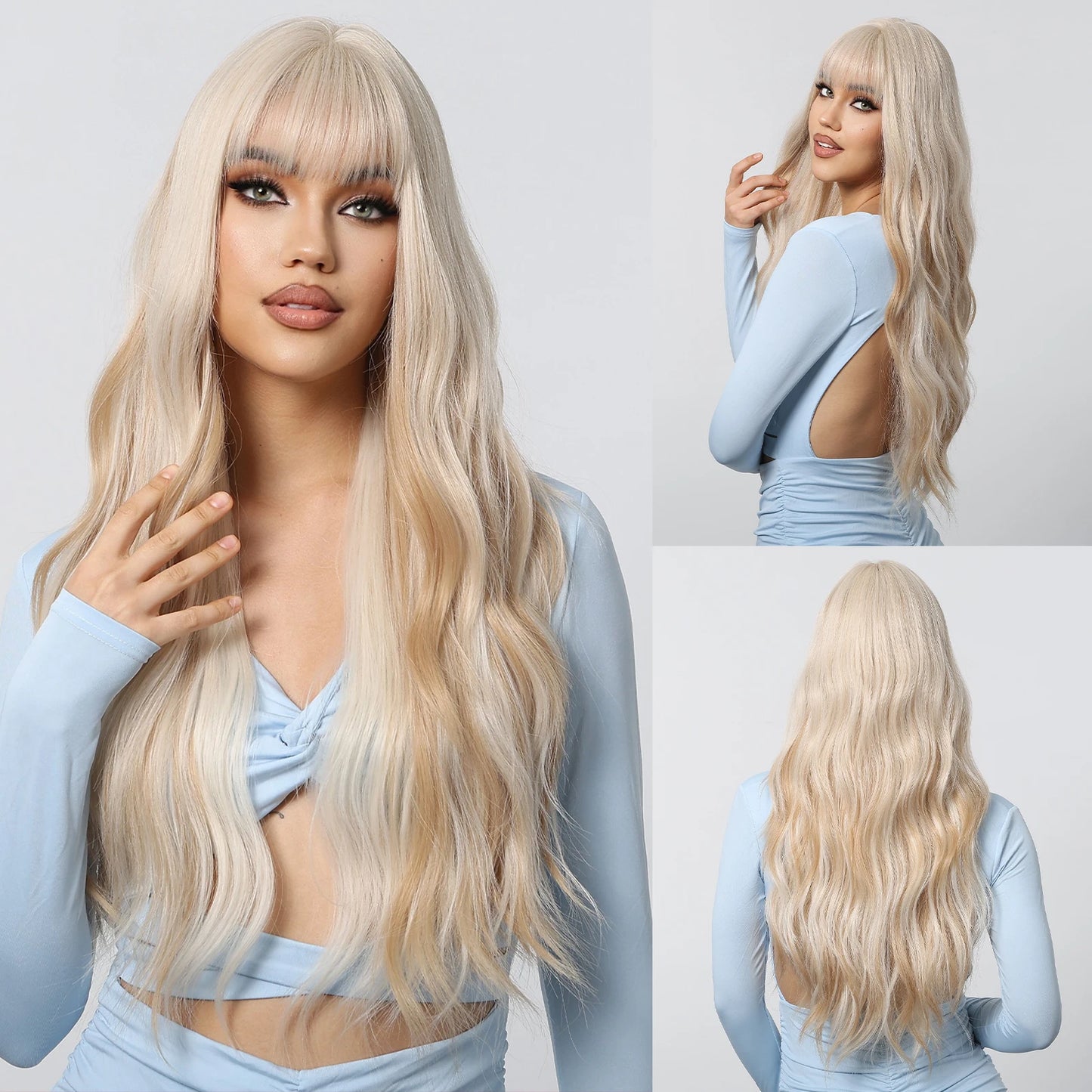 Long Wavy Synthetic Blonde Beige Wigs with Bangs for Women Deep Wave Blonde Hairs Cosplay Party Daily Use Heat Resistant Wig