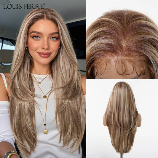 Natural Black With Blonde Highlights Wigs For Women Daily Straight Layered 13*6 Lace Front Synthetic Wig Free Part High Density